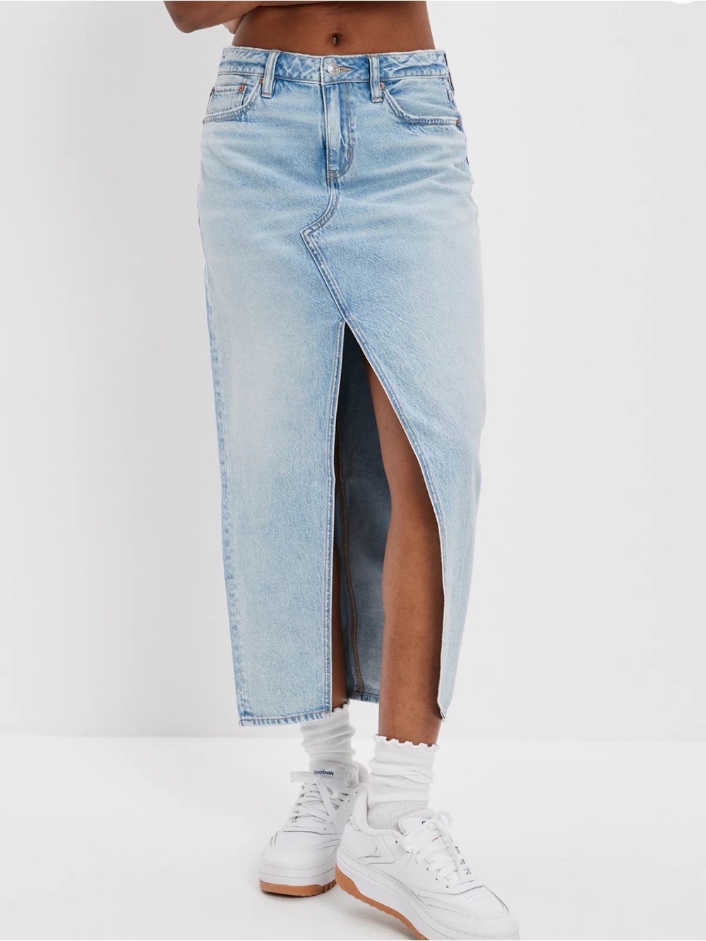 American Eagle Dreamy Drape Low-Rise Denim Maxi Skirt